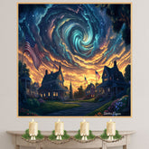 Patriotic Village Under Swirling Starry Sky – 4th of July Folk Art Print on Ready to Hang 1.5" Thick Canvas Wrap, Floating Framed Canvas, Flat Rolled Canvas